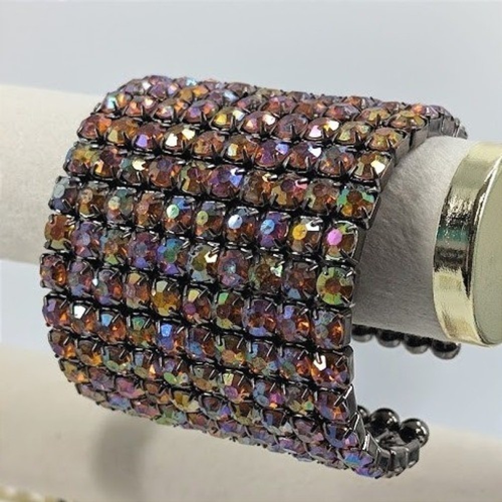 VTG Wide Cuff Bracelet‎ AB Rhinestone Iridescent Gunmetal Multi Row Statement
